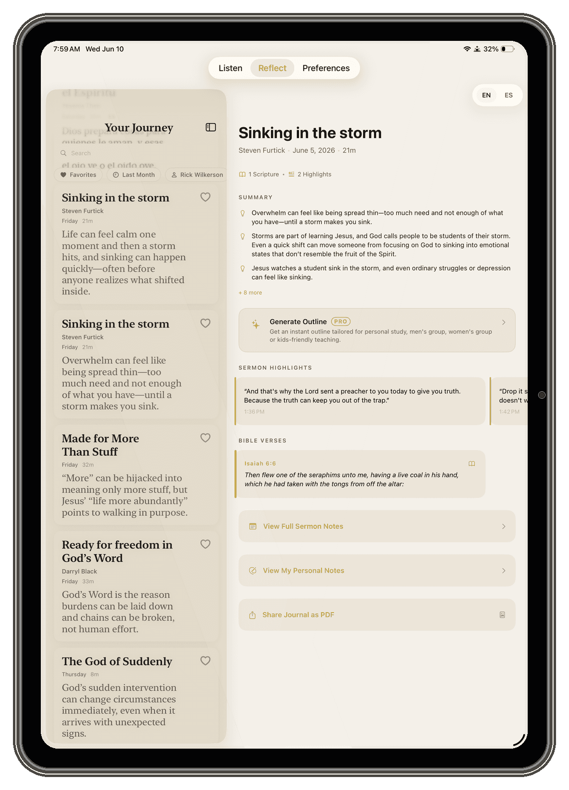 iPad showing the Reflect view: the sermon library beside a full journal with summary, highlights, and Bible verses