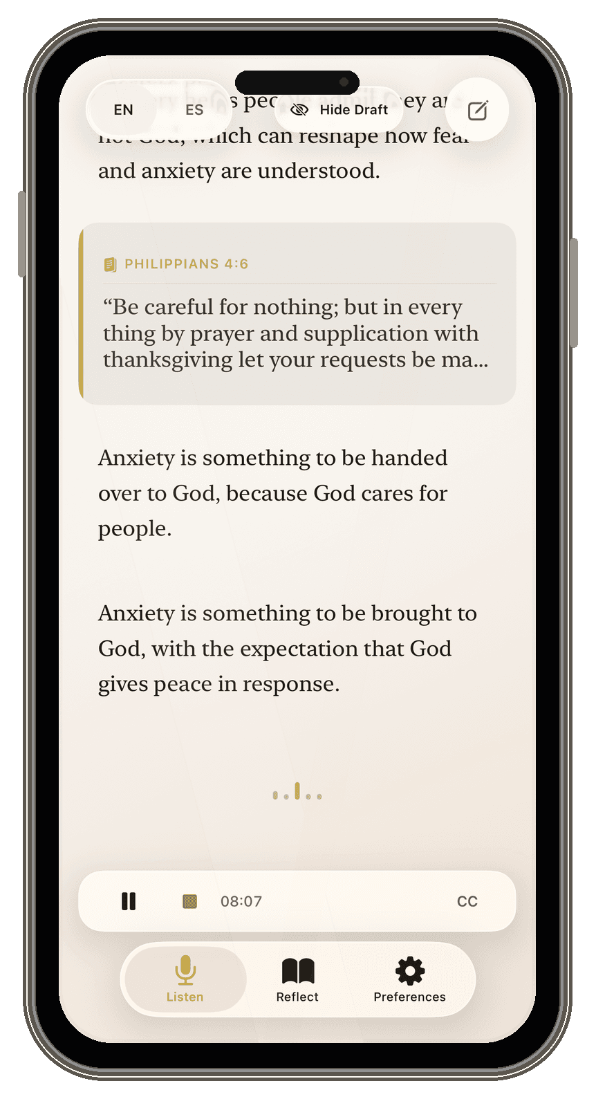 iPhone showing a live PreachPal session with captions, a Bible verse card, and reflections