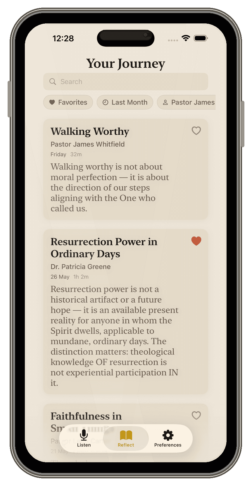 iPhone showing a finished sermon journal in PreachPal, ready to re-read
