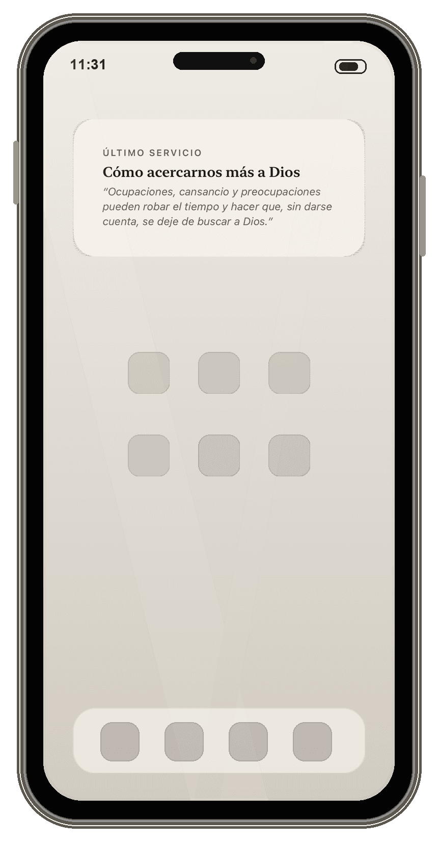 Pantalla de inicio del iPhone con el widget de PreachPal guardando el último sermón